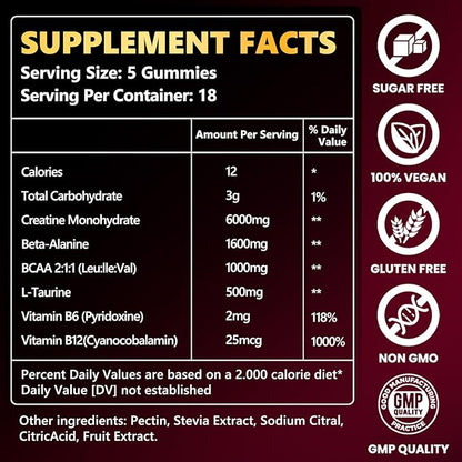 Creatine Monohydrate Gummies 6000mg for Men & Women, Sugar Free Creatine Gummy for Pre & Post Workout, High Absorption Supplement with BCAA, Support Boost Strength, Endurance & Muscle Recovery