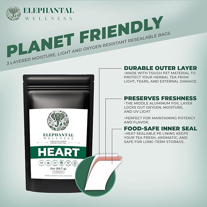 Elephantal Wellness Heart Herbal Tea – Herbal Loose Leaf Tea for Circulation & Cardiovascular Support with Hawthorn, Cinnamon, Ginger & Turmeric – Lightly Caffeinated Green Tea Blend, 2oz, 20 Servings