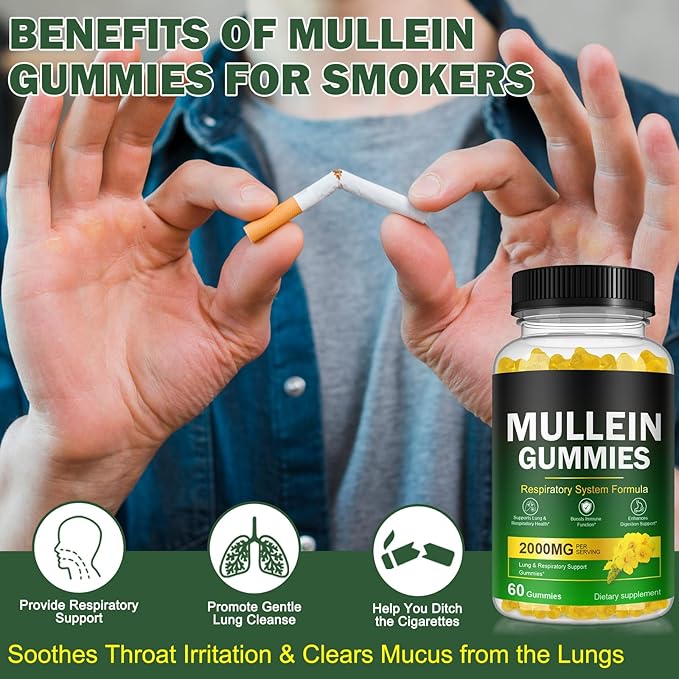 Mullein Gummies for Lungs, Mullein Extract for Smokers - Support Lung & Respiratory Health, Soothes Throat Irritation, Boost Immune - Mullein Leaf Extract for Lungs, Breathe Easier - 60pcs