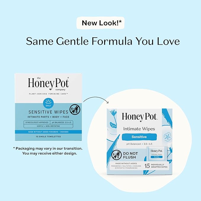 The Honey Pot Company - Feminine Wipes - Individually Wrapped - Daily PH Balancing, Fragrance & Sulfate Free Wipes for Intimate Parts, Body, or Face - Hygiene Products - Sensitive - 15 Ct (Pack 3)