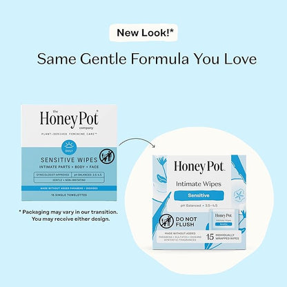 The Honey Pot Company - Feminine Wipes - Individually Wrapped - Daily PH Balancing, Fragrance & Sulfate Free Wipes for Intimate Parts, Body, or Face - Hygiene Products - Sensitive - 15 Ct (Pack 3)