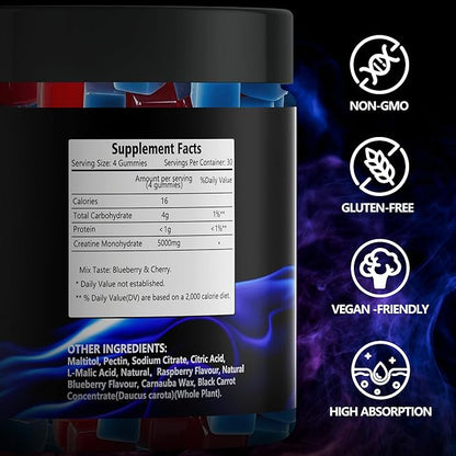Creatine Monohydrate Gummies 5g (5000mg), Sugar-Free Creatine, Pre-Workout Energy, Veg, Non-GMO, for Men & Women - 120 Count Cherry Flavor with Blueberry Flavor
