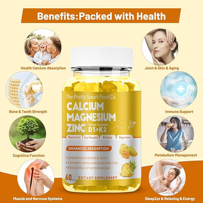 Calcium Magnesium Zinc Gummies with Vitamin D3 & K2 for Bone, Muscle & Immune Support - High Potency Enhanced Absorption - 60 Mango Pineapple Gummies