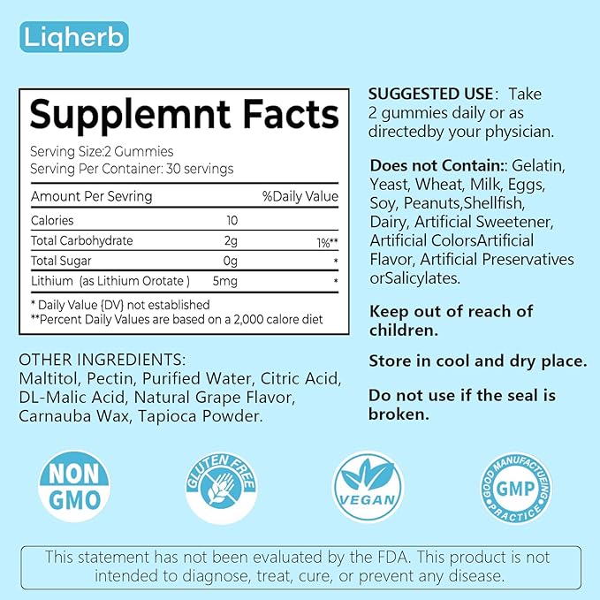 Lithium Orotate 5mg Gummies for Mood Support & Stress Management - Vegan Sugar-Free, Non-GMO, Gluten Free, Grape Flavor, 120