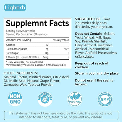 Lithium Orotate 5mg Gummies for Mood Support & Stress Management - Vegan Sugar-Free, Non-GMO, Gluten Free, Grape Flavor, 120