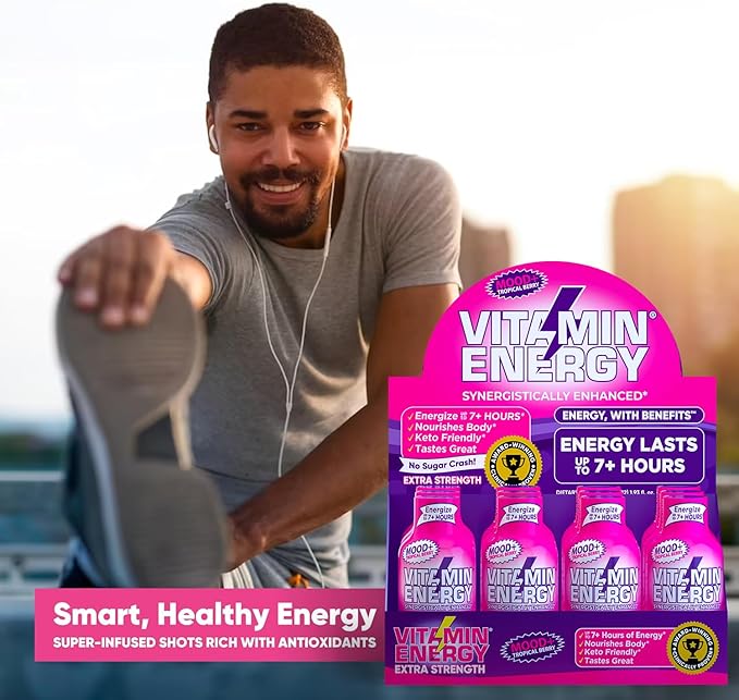 Vitamin Energy Mood+ Extra Strength Energy Shot Tropical Berry 48 Pack, 260mg Natural Caffeine, B-Vitamins, Rhodiola, Chamomile, Mood & Energy Support, Zero Sugar, Gluten-Free, Vegan, 1.93 fl oz