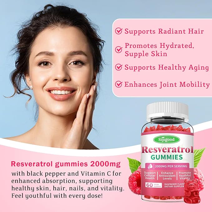 Organic Resveratrol Gummies for Women - Sugar Free Resveratrol-Nutritional-Supplements for Antioxidant Support, Cellular Health, Immunity, Brain & Energy, Raspberry Flavor, 60 Count