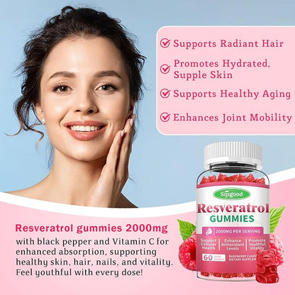 Organic Resveratrol Gummies for Women - Sugar Free Resveratrol-Nutritional-Supplements for Antioxidant Support, Cellular Health, Immunity, Brain & Energy, Raspberry Flavor, 60 Count