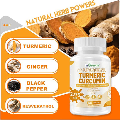 inGreens Turmeric Curcumin Supplement 2275mg, 95% Curcumin, High Absorption Liposomal Turmeric Supplement with Black Pepper & Ginger Extract, Joint Support, Immune Function, Non-GMO, 120 Softgels