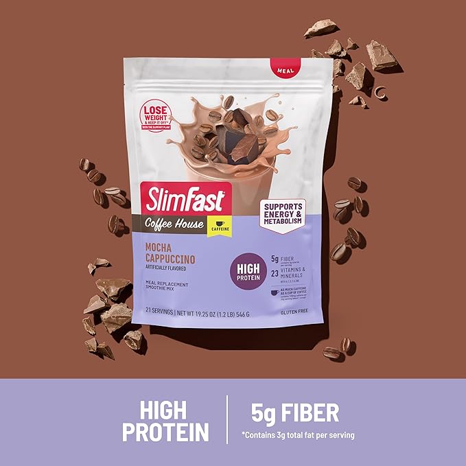 SlimFast High Protein Meal Replacement Powder, Caffeine Protein Powder, Energizing Protein Mix, Vitamin and Mineral Blend, Gluten Free, Coffee Flavored Protein Powder, Mocha Cappuccino, 21 Servings