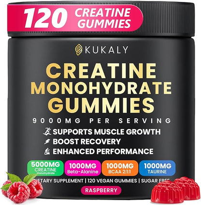 Creatine Monohydrate Gummies for Men & Women, 9000MG Creatine Gummies Sugar Free with L-Taurine, BCAA 2:1, B12 B6 for Boost Strength, Focus & Endurance, Vegan, Non-GMO, Raspberry 120pcs