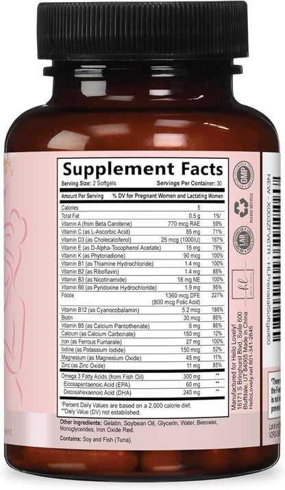 Prenatal Vitamins for Women - Prenatal Multivitamin with Folic Acid & Omega 3 DHA Fetal Development Support - Pregnancy Vitamin Supplement with, Vitamin A, C, D, B6, B12 & Iron - 60 Softgels