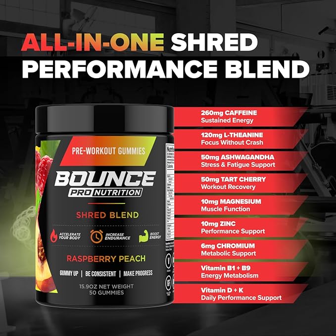 Bounce Pro Shred Blend Pre Workout Gummies – Raspberry Peach – 50 Vegan Gummies with Caffeine, Ashwagandha & L-Theanine for Energy, Focus & Endurance (50 Count (Pack of 1), Raspberry Peach)