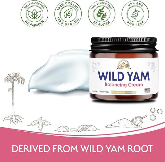 ANGELYCIA Organic Wild Yam Cream for Hormone Balance - Natural Support for Menopause, Perimenopause & PMS Relief - Pure Wild Yam Root Extract Estrogen-Free Balancing Cream for Women - 2 oz