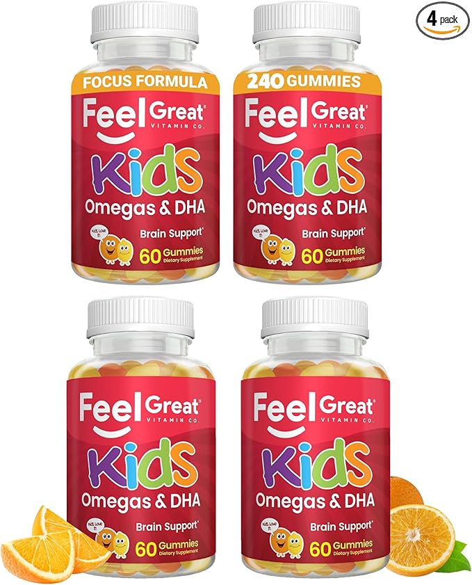 Feel Great Vitamins Kids DHA Gummies with Omega 3 6 9, Vitamin C | Supports Healthy Brain Function, Vision & Heart Health | Gluten Free, Vegetarian | 4 Pack
