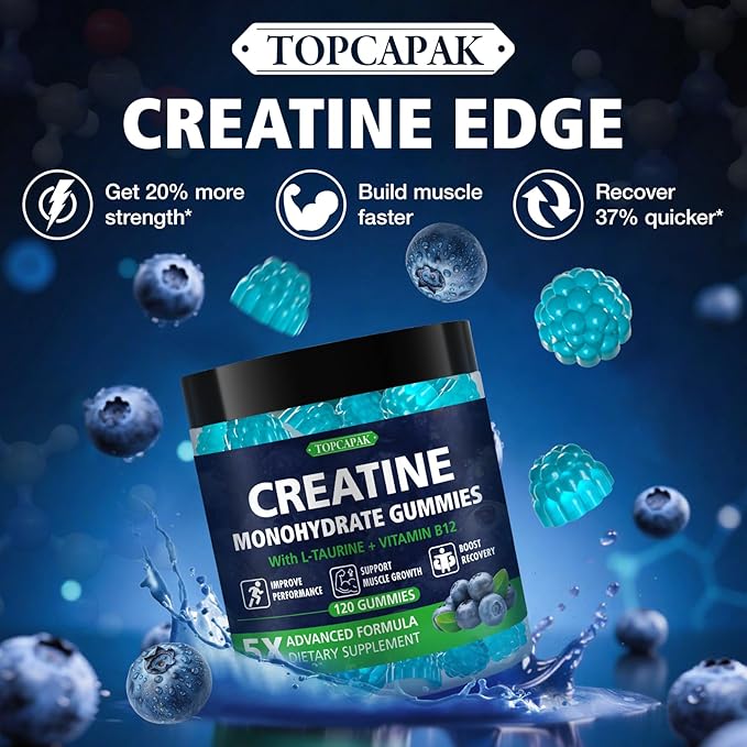 Creatine Gummies for Women & Men, Creatine Monohydrate Gummies Supplement, Pre-Workout Support, with Taurine & Vitamin B12, Blueberry Flavor Chewable Creatine Gummy, 120 Count