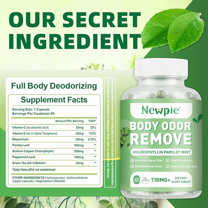 Body Deodorizing Supplement,Chlorophyll Capsules for Men & Women,Natural Internal Odor Control Pills for Skin, Breath, and Gut Health, with Gluten-Free Complex,60 Capsules