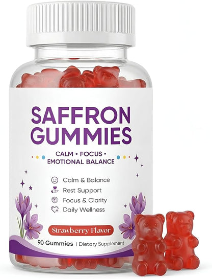 Saffron Gummies, Mood & Calm Support withPassion Flower, St. John's Wort, GABA & Vitamin D2,Emotional Balance & Focus Formula, Strawberry Flavor, 90Gummies