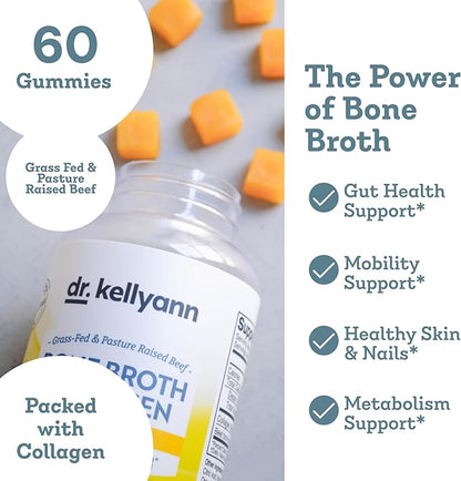 Dr. Kellyann Collagen + Bone Broth Gummies, Lemon | Gut, Skin, Joint & Hair Support | Grass-Fed Beef | Non-GMO, Dairy-Free, Soy-Free | 60 Gummies