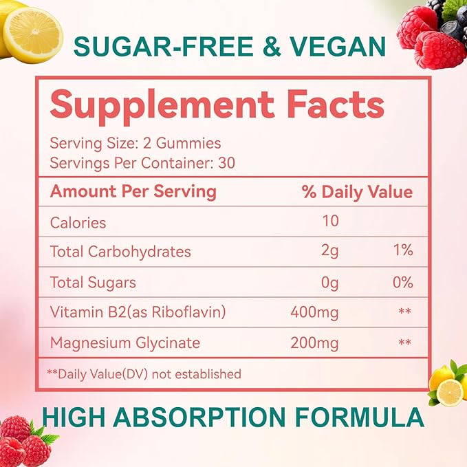 Vitamin B2 Gummies - Riboflavin 400mg Supplement with Magnesium for Adults, B2 Gummies for Migraine Relief* & Nervous System Support* - Vegan, Sugar-Free, Raspberry-Lemon Flavor, 60 Count