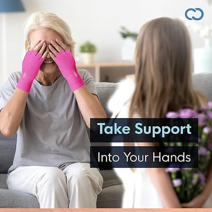 Copper Compression Arthritis Gloves | Fingerless Arthritis Carpal Tunnel Pain Relief for Men & Women | Hand Support Wrist Brace for Neuropathy, Rheumatoid, Tendonitis, Swelling, Crocheting, Typing Pink S