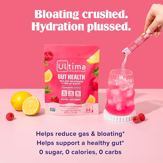 Ultima Replenisher Gut Health Supplement and Electrolytes Powder - Raspberry Lemonade, 14 Stickpacks - Hydration Packets with Added Gut Health Benefits (Pack of 2)