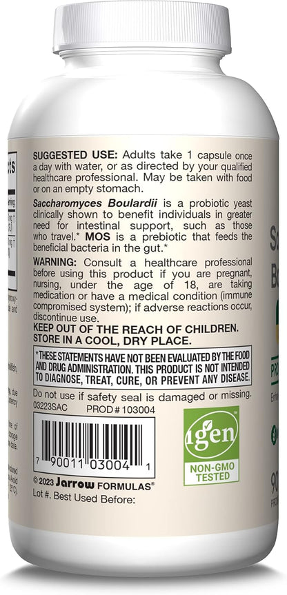 Jarrow Formulas Saccharomyces Boulardii + MOS Probiotics for Digestive Health and Intestinal Tract Support - 5 Billion CFU Per Serving - 90 Delayed Release Caps - Probiotic + Prebiotic - 90 Servings