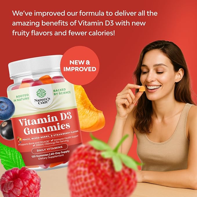 Natures Craft Vitamin D3 Gummies for Daily Wellness - Delicious Vitamin D Gummies for Adults with D3 2000IU per Serving Bone Muscle & Immune Support - Non-GMO Gelatin & Gluten Free - 120 Count