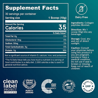Puori Pure Collagen Peptides Powder, Unflavored - 10g of Grass-Fed Hydrolyzed Bovine Collagen Supports Skin Health, Hair & Nail Strength, Joint Pain & Mobility Support - 30 Servings