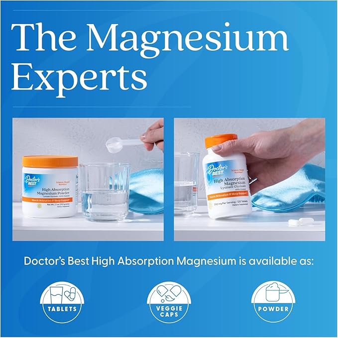 Doctor's Best High Absorption Magnesium Glycinate Lysinate Supplement for Sleep Support - Chelated Magnesium Tablets for Women & Men, 200mg per Serving, Supports Calm & Relaxation, Vegan - 120 Count