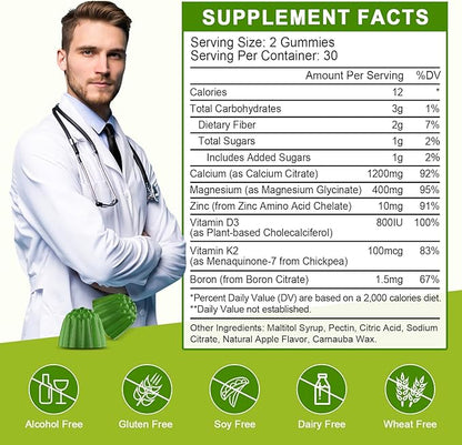 Calcium Citrate 1200mg Supplement with Vitamin D3 Gummies for Women & Men - Chewable Calcium Magnesium Zinc D3 K2 Supplement for Bone & Teeth Support, Vegan, Apple Flavor - 60 Gummies (2Pack)