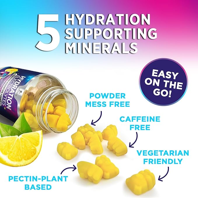 Hydration Electrolyte Gummies - Daily Liquid Replenisher Gummy - Electrolyte Multiplier with Minerals, Potassium & Real Salt - Vegan, Non-GMO - Tasty Lemon Flavor Hydration Electrolytes - 120 Gummies