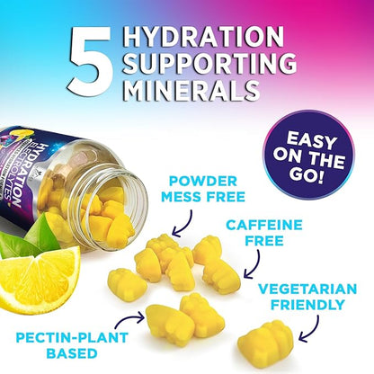 Hydration Electrolyte Gummies - Daily Liquid Replenisher Gummy - Electrolyte Multiplier with Minerals, Potassium & Real Salt - Vegan, Non-GMO - Tasty Lemon Flavor Hydration Electrolytes - 120 Gummies
