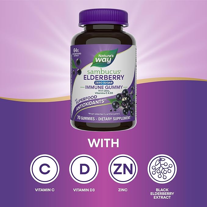 Nature’s Way Sambucus Zero Sugar Immune Gummies, Daily Immune Support*, Black Elderberry Extract, Vitamin C, Vitamin D3, Zinc, Sugar Free, Sugar Alcohol Free, Plant-Based Sweeteners, 70 Gummies
