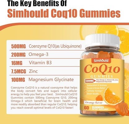 2 Pack CoQ10 500MG Gummies - Plus Omega-3, Magnesium, Vitamin B3 & Zinc - 3X Better Absorption Coenzyme Q10 Supplements for Heart Health, Cellular Energy & Antioxidant, Non-GMO 120 Counts