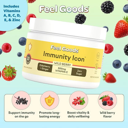 Feel Goods Immunity Icon, Vitamin C Immune Support Powder Drink Mix- 500mg Vitamin C, Elderberry, Ginger, Turmeric & Key Vitamins for Daily Immune Health - Sugar-Free & Caffeine-Free Drink Mix Packets