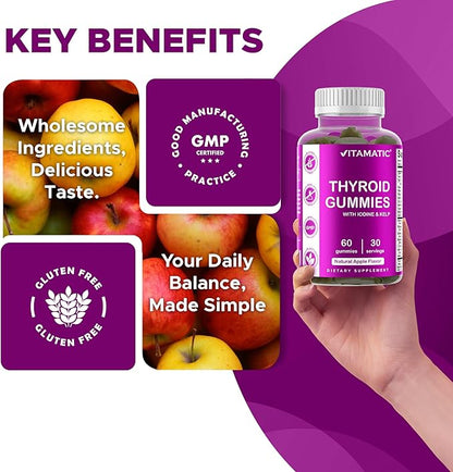 Vitamatic Vegan Thyroid Support Gummies with Iodine & Kelp – 60 Count Improve Your Energy & Increase Metabolism – Plant-Based