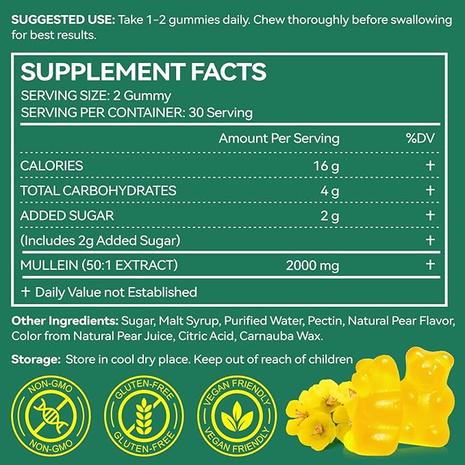 Mullein Gummies for Lung Cleanse 60 Count - Mullein Leaf Extract Gummies with Chlorophyll - Natural Herbal Supplement for Lung Cleanse, Respiratory Support, Boosts Immunity, Digestive Wellness