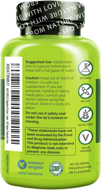 NATURELO Digestive Enzymes - Full Spectrum Support with a Broad Blend of 15 Enzymes Plus Ginger - 90 Vegan Capsules