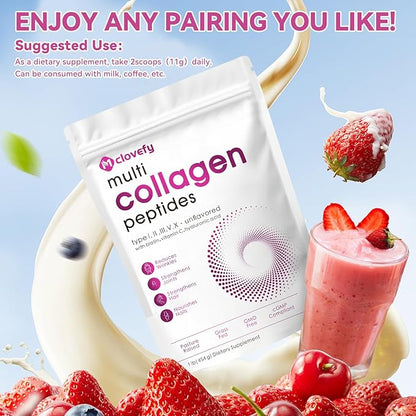 Multi Collagen Peptides Powder, 16 Oz (41 Servings) - Protein Supplement, Type I, II, III, V, X with Hyaluronic Acid, Vitamin C and Biotin, Unflavored, Easily Mixes in Drinks
