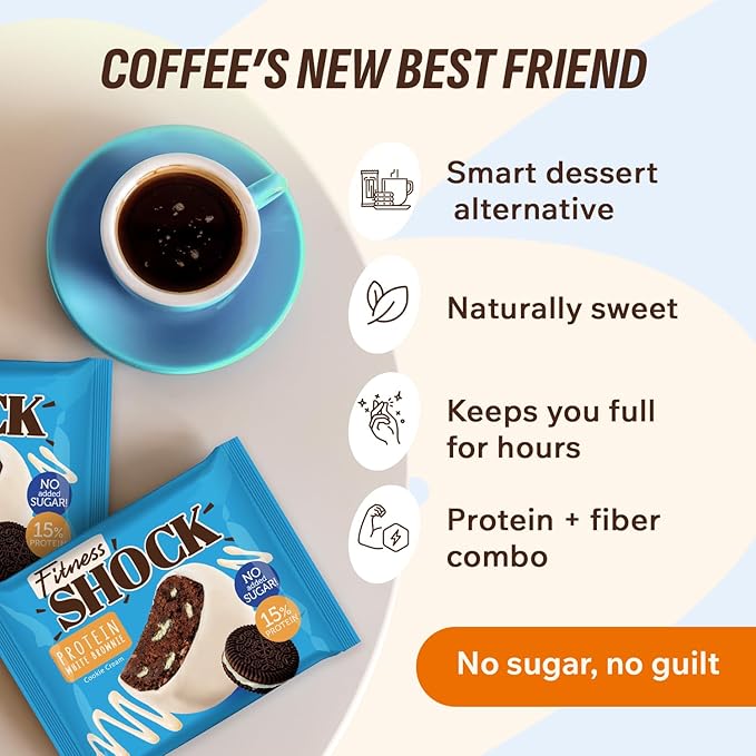Fitness SHOCK Cookie Cream Protein White Brownie - No Added Sugar, 7.5g Protein, Low Carb Guilt-Free Dessert - 0g Added Sugar, 10g Net Carbs, 5g Fiber, Non-GMO - 10 x 50g