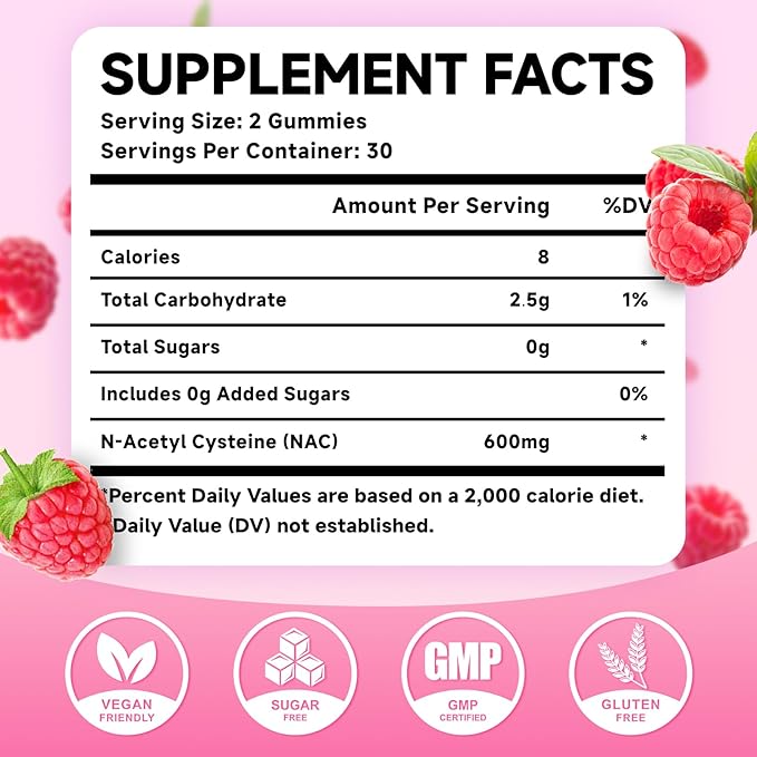 MEENCCD 2 Pack NAC Gummies, N Acetyl Cysteine 600mg NAC Supplement for Antioxidants & Immune Support, Sugar-Free, Raspberry Flavor, 120 Count