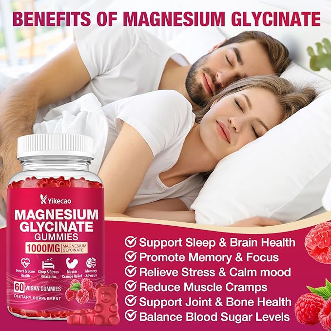 Magnesium Glycinate Gummies 1000mg, Magnesium Gummies for Adults & Kids with L-Threonate, Magnesium Supplement for Relaxation, Calm, Sugar Free, Raspberry Flavor, 60 Count