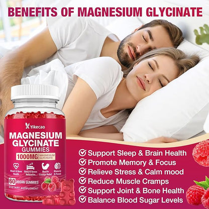 2 Pack Magnesium Glycinate Gummies 1000mg，Magnesium Gummies for Adults & Kids with L-Threonate, Magnesium Supplement for Relaxation, Calm, Sugar Free, Raspberry Flavor, 120 Count