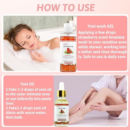 Natural Feminine Wash Yoni Wash Yoni Oil Set, Cleanse - Remove Odor - pH Balance for Women, 1 fl.oz Feminine Oil & 6.7 fl.oz Intimate Wash with Cleaning Factor - Strawberry Scent