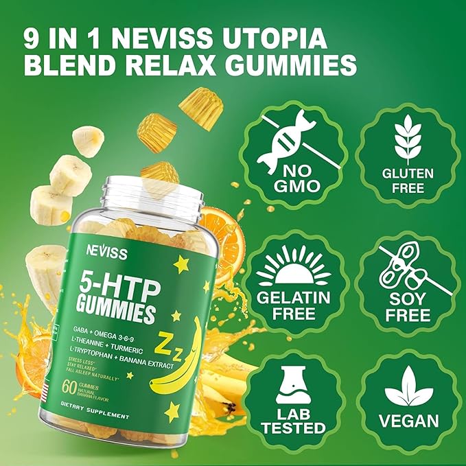 5-HTP 400MG Gummies + GABA - Melatonin Free - Relaxation Gummies with Banana Extract, L-Theanine, Turmeric, L-Tryptophan, D3 for Healthy Rest Cycle, Circadian Rhythm, Brain & Muscle Relax, Pack of 2