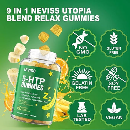 5-HTP 400MG Gummies + GABA - Melatonin Free - Relaxation Gummies with Banana Extract, L-Theanine, Turmeric, L-Tryptophan, D3 for Healthy Rest Cycle, Circadian Rhythm, Brain & Muscle Relax, Pack of 2