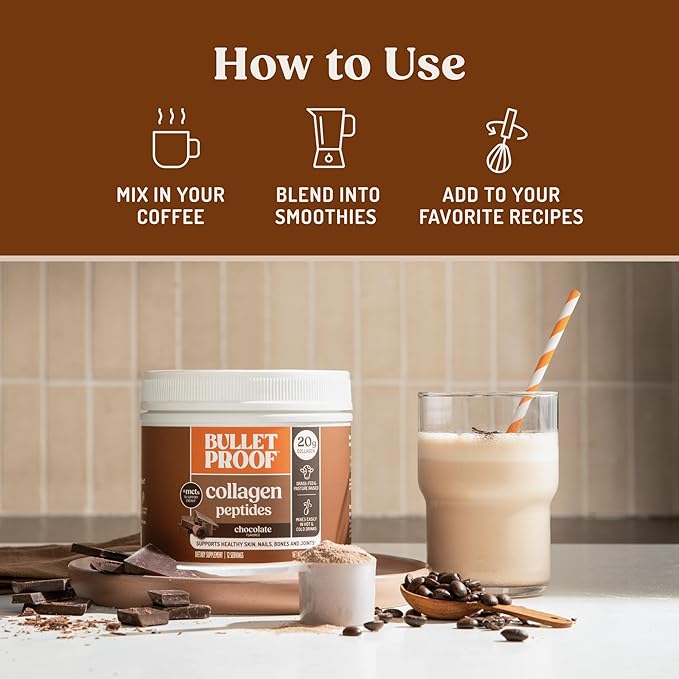 Bulletproof Chocolate Collagen Peptides Powder with MCT Oil, 14.3 Ounces, Grass-Fed Collagen Protein for Skin, Bone and Joint Support, Pasture Raised, No Added Hormones