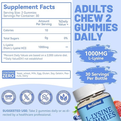 L-Lysine 1000mg Gummies, Chewable Lysine Supplement for Adults, Immune Support, Collagen Formation Support, Vegan, Gluten Free - 60 Counts