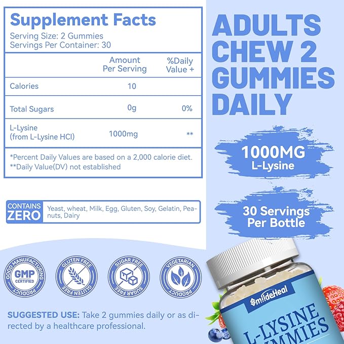 2 Pack L-Lysine 1000mg Gummies, Chewable Lysine Supplement for Adults, Immune Support, Collagen Formation Support, Vegan, Gluten Free - 120 Counts